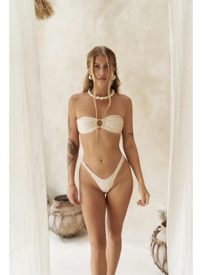 Bohemai Zahira Side Ruffle Detailed Brazilian Beige Bikini Bottom.