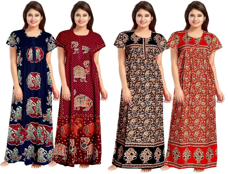 NEGLIGEE Women's Cotton Printed Maxi Nightgown Nighty for Women Ankle Length Night Dress - Pack of 4 (Free Size, Multicolor, Option 11) - Image 1