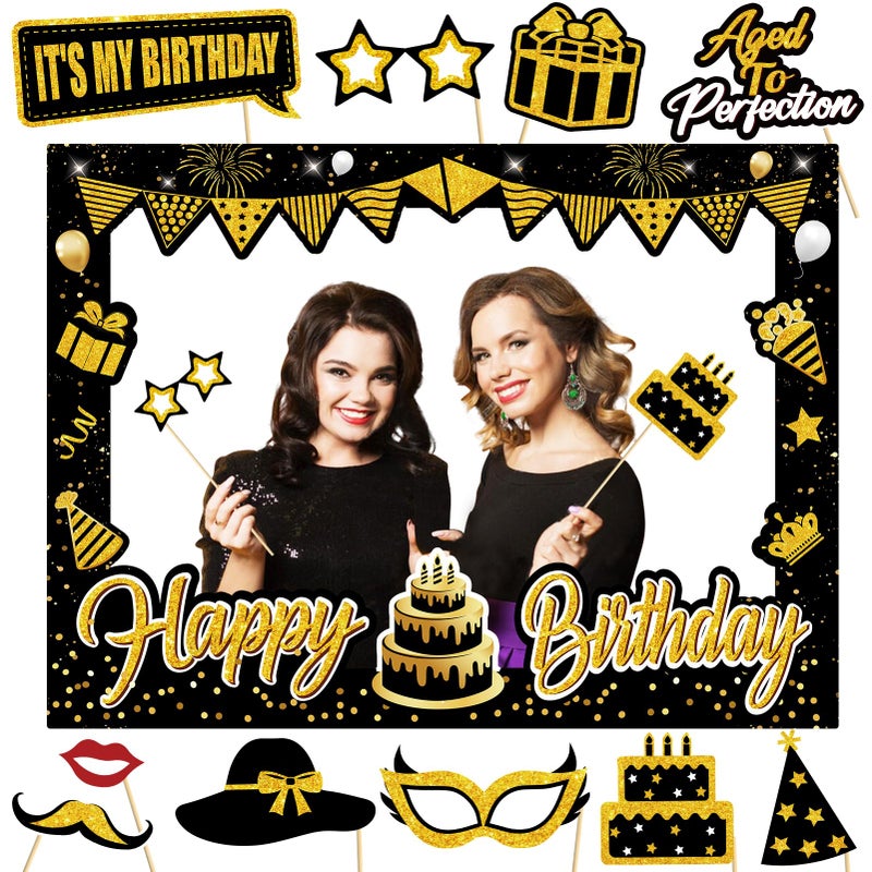 Turypaty زينة حفلة عيد الميلاد للأطفال الأولاد والبنات - أدوات تصوير باللونين الأسود والذهبي - مجموعة إطار سيلفي