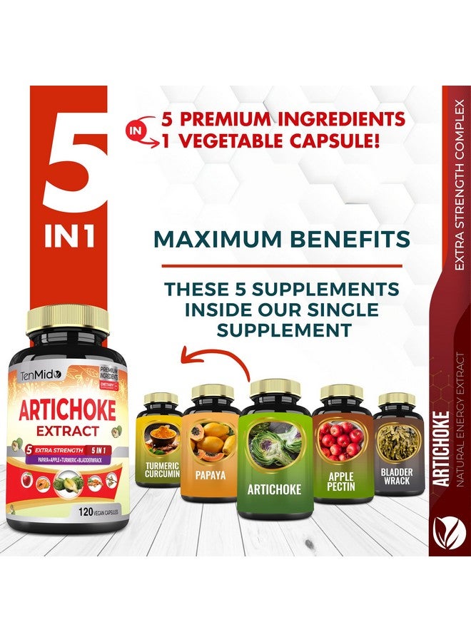 Tenmido Artichoke Supplement Extract Capsules, 4 Months Supply with Papaya, Apple Pectin, Turmeric Curcumin, Bladderwrack - Supports Digestion Function - 120 Vegan Capsules - Image 2