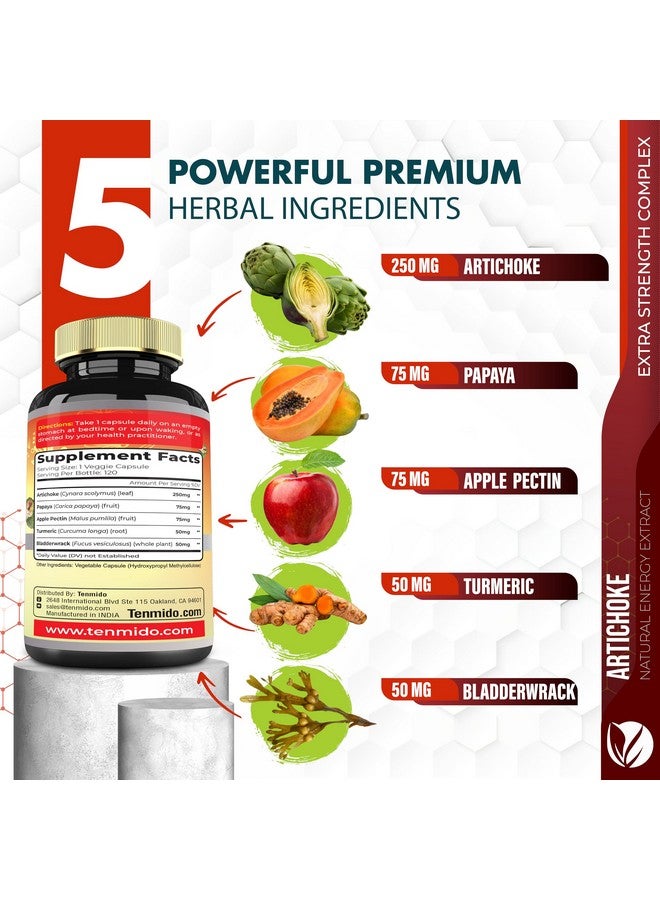 Tenmido Artichoke Supplement Extract Capsules, 4 Months Supply with Papaya, Apple Pectin, Turmeric Curcumin, Bladderwrack - Supports Digestion Function - 120 Vegan Capsules - Image 3