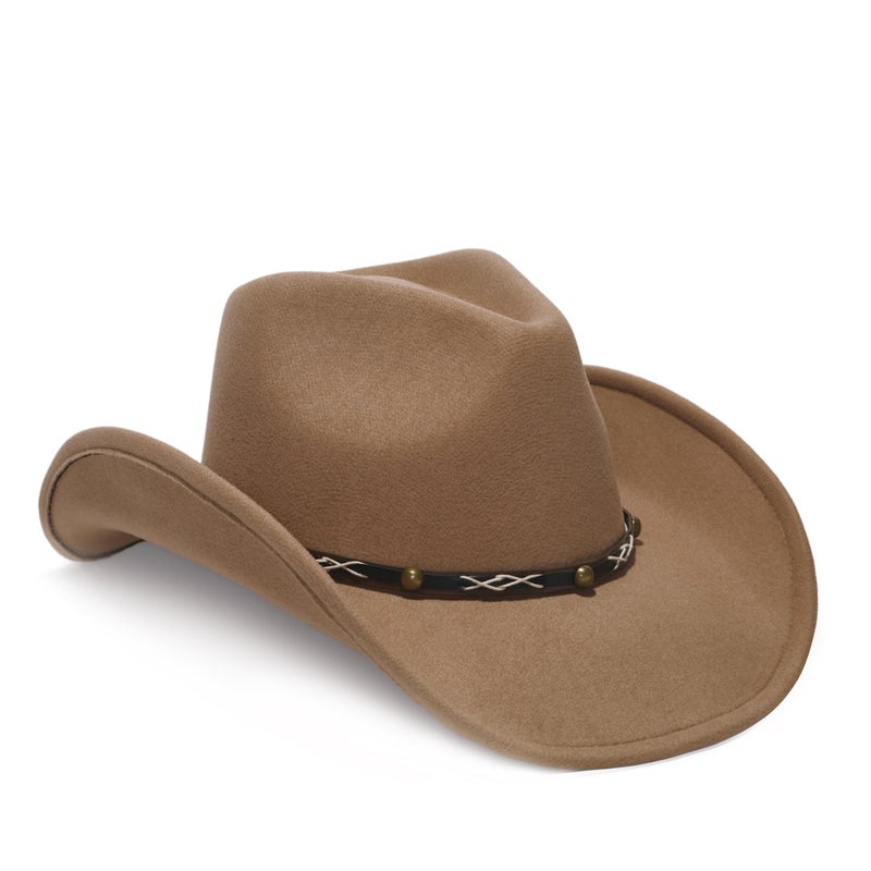 YOUBADU Faux Suede Felt Western Cowboy Hat for Women or Men, Wide Brim, Rivet Strap (US, Alpha, One Size, Medium, Camel) - Image 2