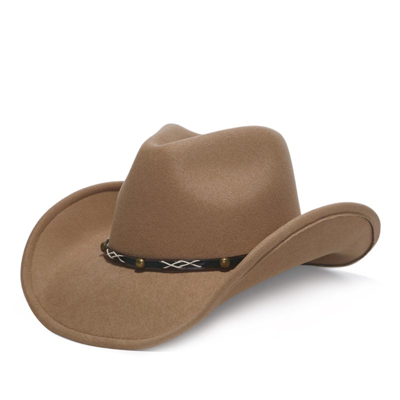 YOUBADU Faux Suede Felt Western Cowboy Hat for Women or Men, Wide Brim, Rivet Strap (US, Alpha, One Size, Medium, Camel) - Image 1