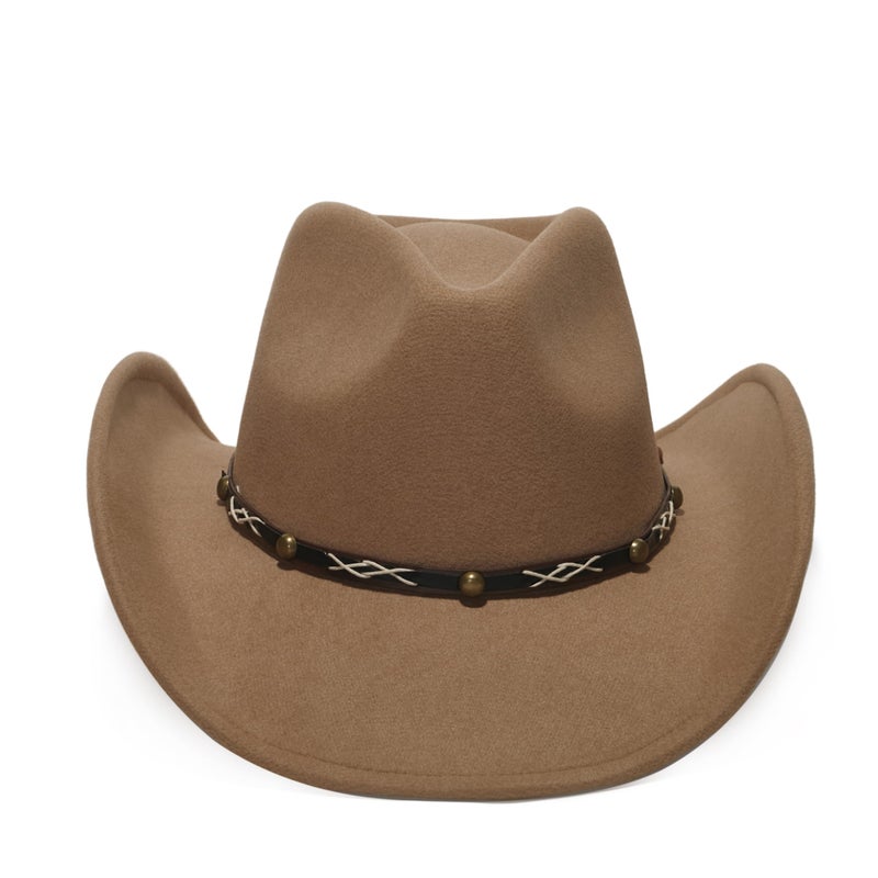 YOUBADU Faux Suede Felt Western Cowboy Hat for Women or Men, Wide Brim, Rivet Strap (US, Alpha, One Size, Medium, Camel) - Image 3