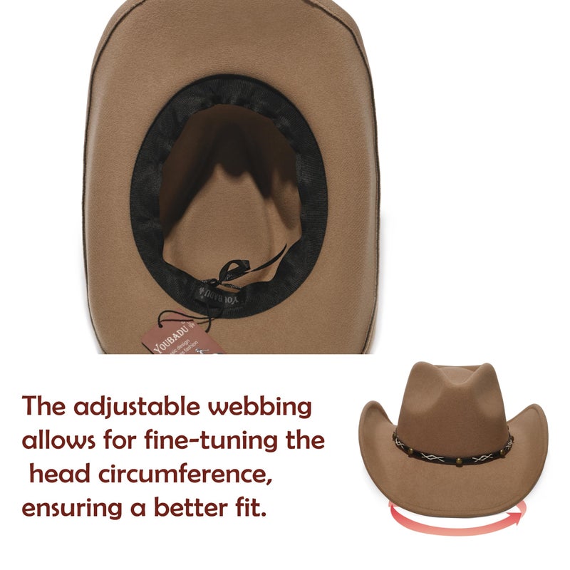 YOUBADU Faux Suede Felt Western Cowboy Hat for Women or Men, Wide Brim, Rivet Strap (US, Alpha, One Size, Medium, Camel) - Image 4