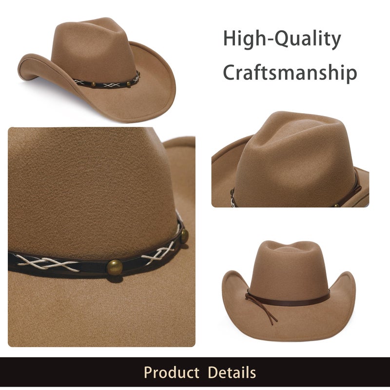 YOUBADU Faux Suede Felt Western Cowboy Hat for Women or Men, Wide Brim, Rivet Strap (US, Alpha, One Size, Medium, Camel) - Image 5