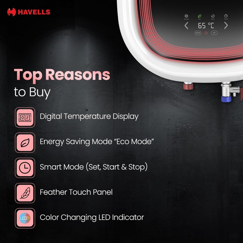 Havells Havells Adonia Plus 25 Litre Storage Water Heater Faster heating Glass Coated Tank Incoloy Glass Coated Heating Element Free Flexi Pipes Installation Shock Safe Plug With Remote White  - Image 3
