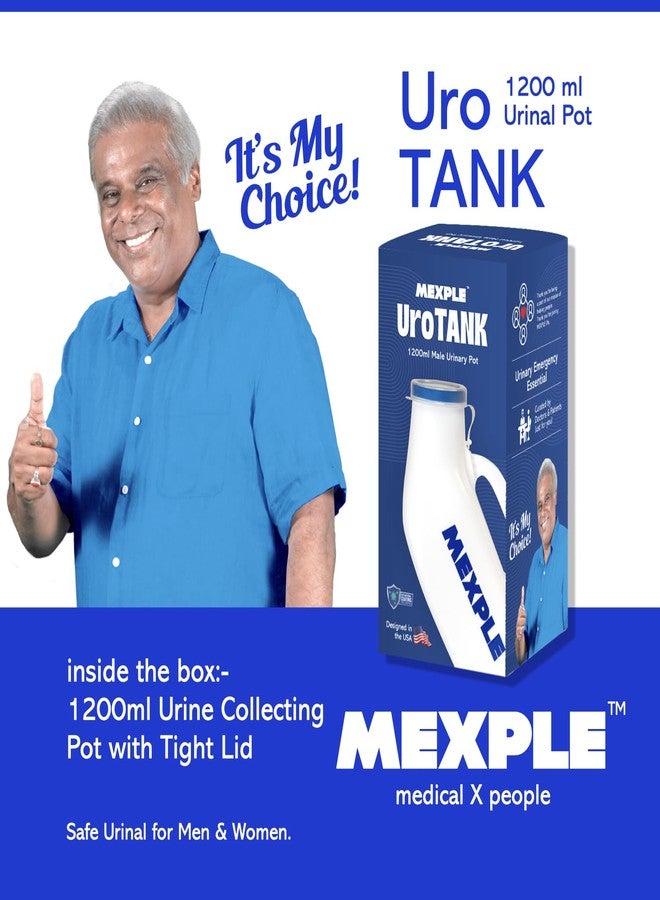 MEXPLE UroTank Male Urinal Pot, Urinal For Men, Pee Funnel, Portable & Safe Medical Grade Urine Pot With 1200ml Capacity, Urine Bottle For Patients, White - Image 2