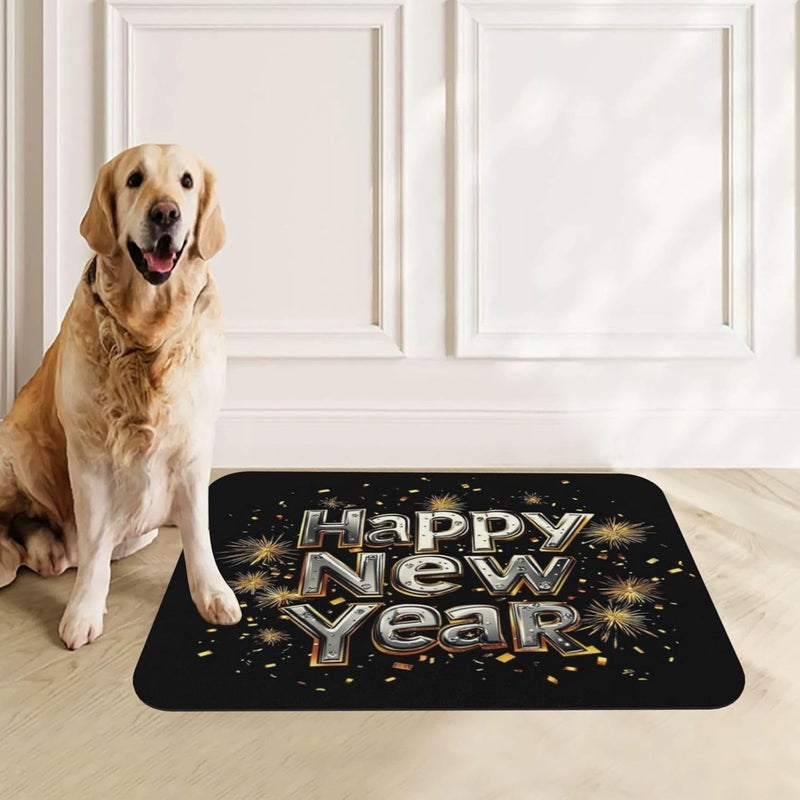 Pet Cat Dog Food Mat Absorbent Dog Feeding Mat Fireworks Holiday Happy New Year No Stains Cat Food Mats Indoor Pet Accessories Supplies Dogs Placemat Water Bowl Mats with Rubber Backing 18X12In - Image 1