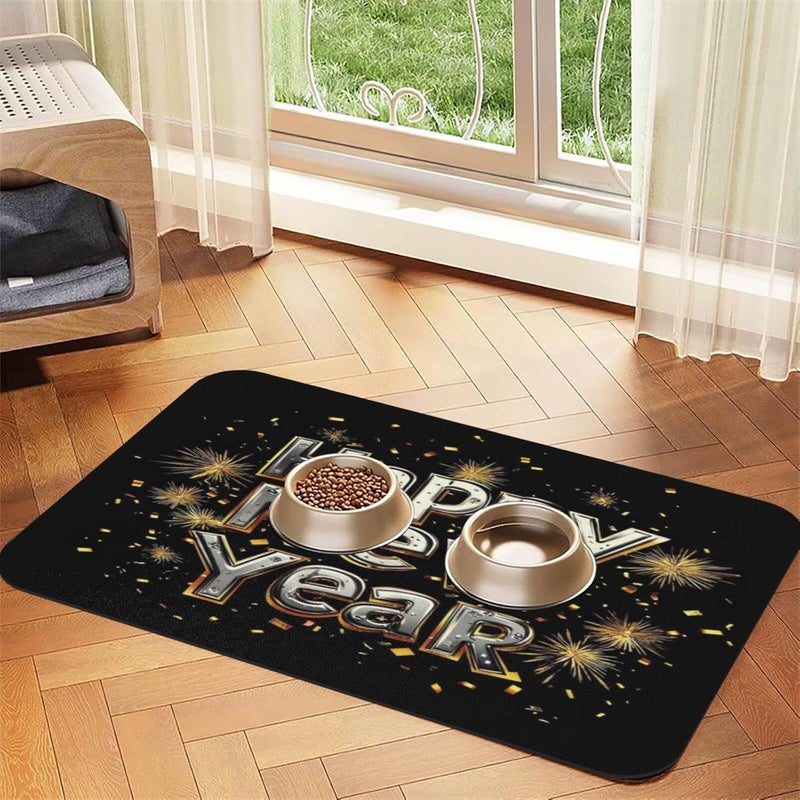 Pet Cat Dog Food Mat Absorbent Dog Feeding Mat Fireworks Holiday Happy New Year No Stains Cat Food Mats Indoor Pet Accessories Supplies Dogs Placemat Water Bowl Mats with Rubber Backing 18X12In - Image 2