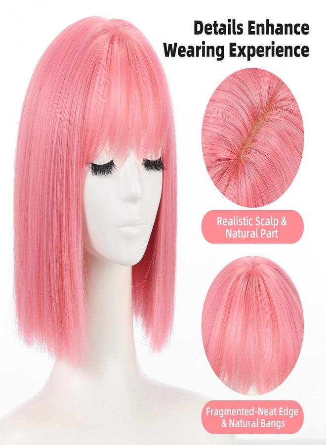 Allbell Pink Bob Wigs for Women Short Wig with Bangs Heat Resistant Synthetic Hair 12 inch for Daily Party Halloween Costume Use - Image 3