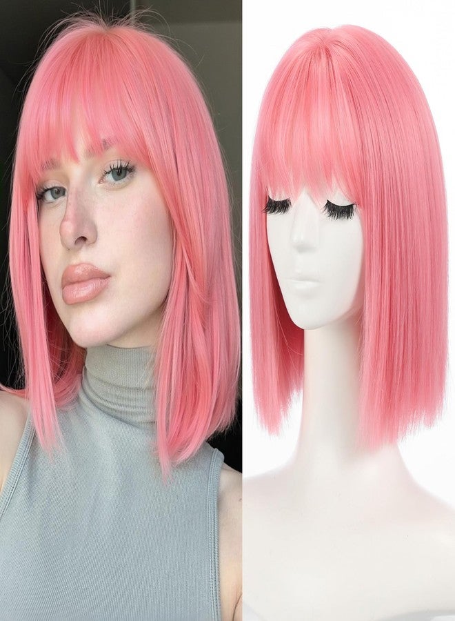 Allbell Pink Bob Wigs for Women Short Wig with Bangs Heat Resistant Synthetic Hair 12 inch for Daily Party Halloween Costume Use - Image 1