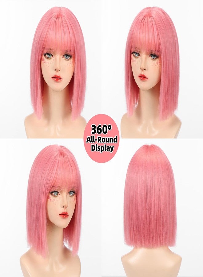 Allbell Pink Bob Wigs for Women Short Wig with Bangs Heat Resistant Synthetic Hair 12 inch for Daily Party Halloween Costume Use - Image 2