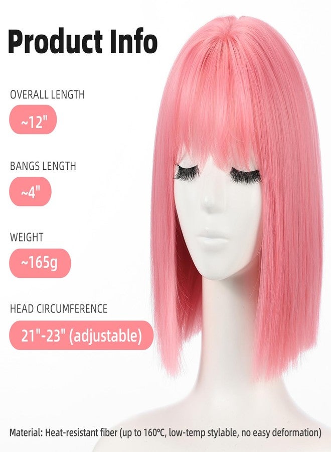 Allbell Pink Bob Wigs for Women Short Wig with Bangs Heat Resistant Synthetic Hair 12 inch for Daily Party Halloween Costume Use - Image 4