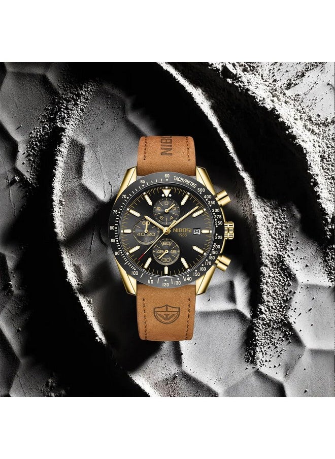 NIBOSI NIBOSI Men's Watch Analog Silicone Quartz Wrist Watch For Men Business Waterproof Sport Stainless Steel Dress Watch With Calendar, Band Color:Brown, Dial_black  - Image 5
