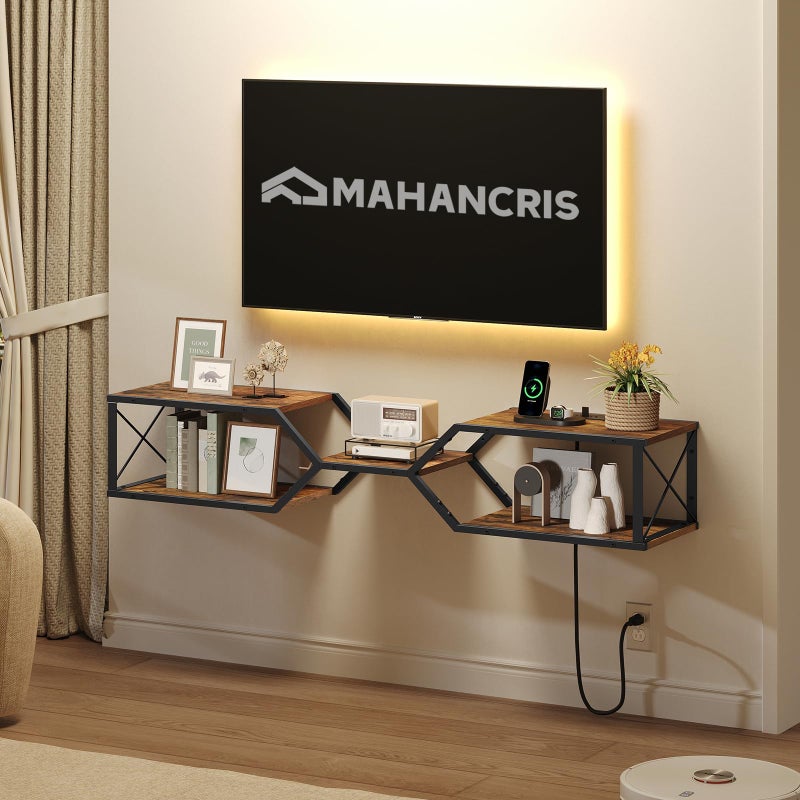 MAHANCRIS Floating TV Stand with Power Outlet, Wall-Mounted TV Shelf with X-Shaped Frame, Floating Entertainment Center with Storage, for Living Room, Bedroom, Black TVBK301E01 - Image 3