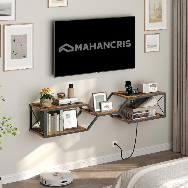 MAHANCRIS Floating TV Stand with Power Outlet, Wall-Mounted TV Shelf with X-Shaped Frame, Floating Entertainment Center with Storage, for Living Room, Bedroom, Black TVBK301E01 - Image 1