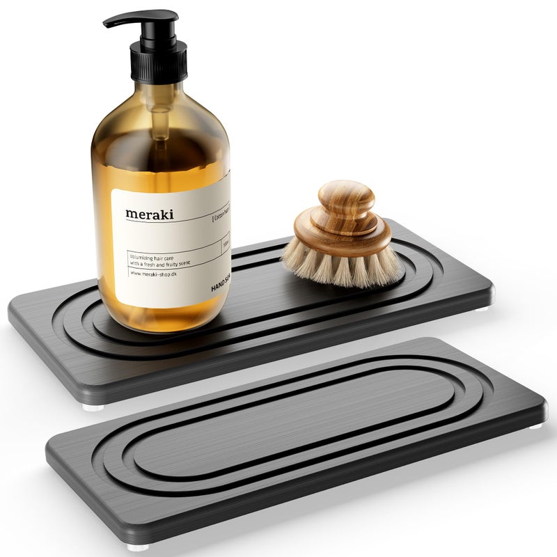 MAGKOTA Water Absorbing Stone Tray for Sink, Quick Drying Diatomite Bathroom Tray Countertop, Stone Drying Mat for Kitchen Counter Faucet, Soap Dish Dispenser Vanity Organizer, Dark Grey-B-8.3" x 4" - Image 1