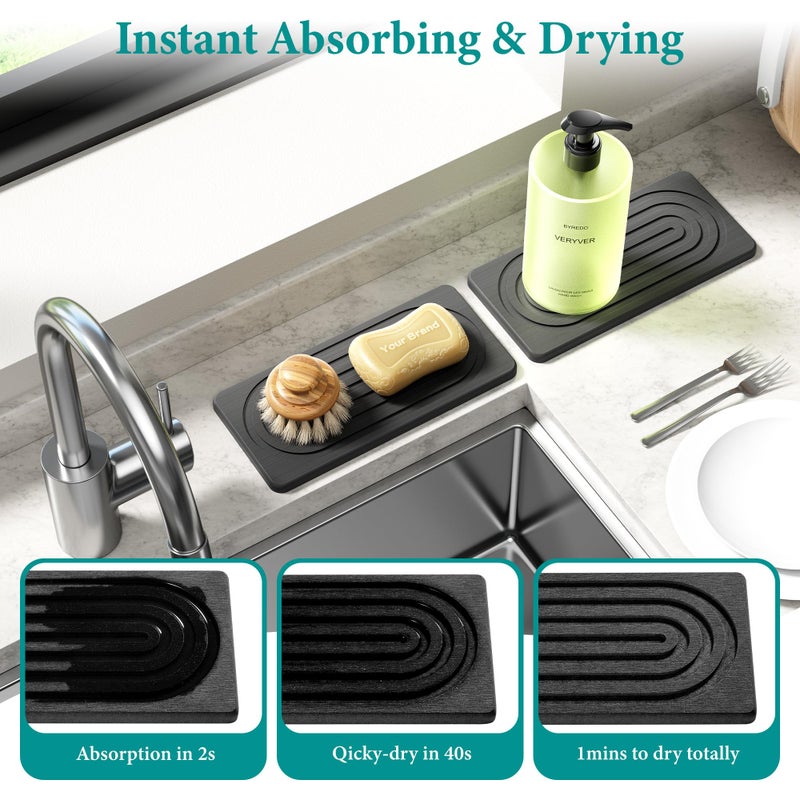MAGKOTA Water Absorbing Stone Tray for Sink, Quick Drying Diatomite Bathroom Tray Countertop, Stone Drying Mat for Kitchen Counter Faucet, Soap Dish Dispenser Vanity Organizer, Dark Grey-B-8.3" x 4" - Image 3