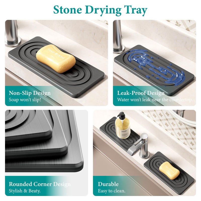 MAGKOTA Water Absorbing Stone Tray for Sink, Quick Drying Diatomite Bathroom Tray Countertop, Stone Drying Mat for Kitchen Counter Faucet, Soap Dish Dispenser Vanity Organizer, Dark Grey-B-8.3" x 4" - Image 4