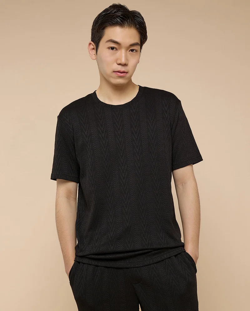 R&B Self Design T-Shirt with Crew Neck and Short Sleeves