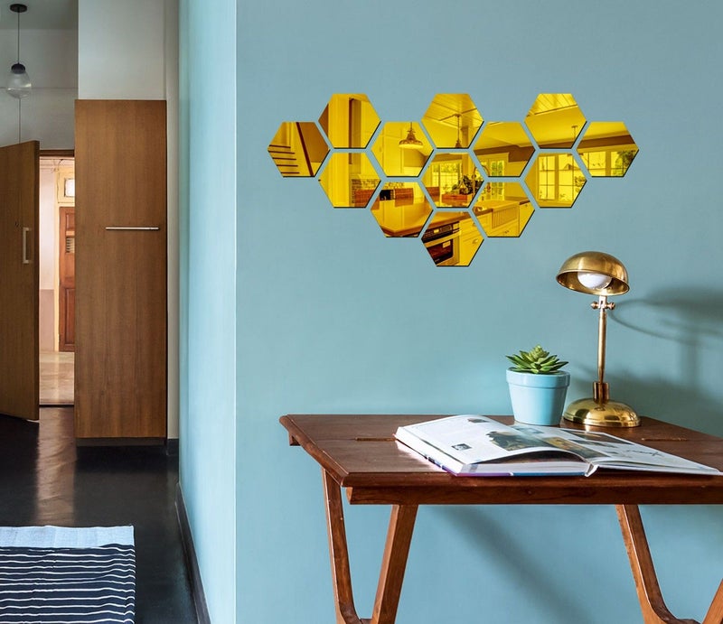 Eja Art Hexagon 13 Golden Acrylic Wall Sticker With Flowers - Image 2