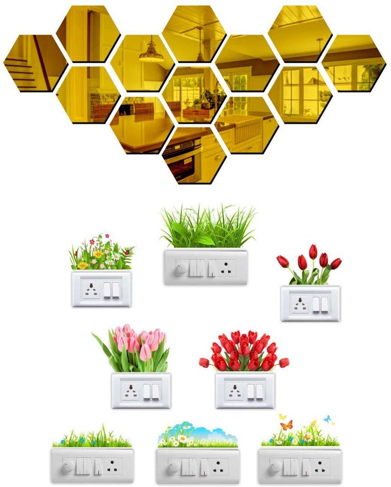 Eja Art Hexagon 13 Golden Acrylic Wall Sticker With Flowers - Image 1