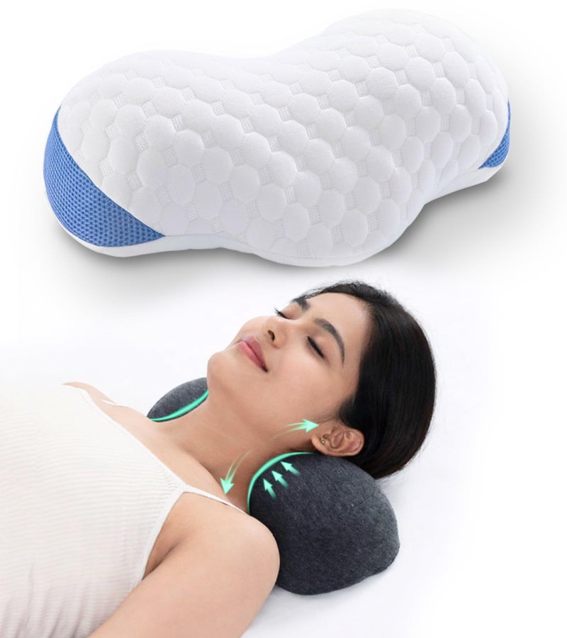 COIF Premium Memory Foam Cervical Neck Pillow for Sleeping | Orthopedic Contour Pillow for Neck Pain Relief | Supports Spine Alignment | Ideal for Back & Side Sleepers 14x7.5x3.5 Inch (White-Sky Blue) - Image 1