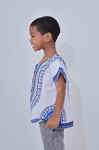 DA'IKI Dashiki Cotton Childs Shirt African Tribal Kaftan Childrens Unisex Boys Girls, 6 Years-8 Years, Dashiki - Dark Blue/White - Image 4