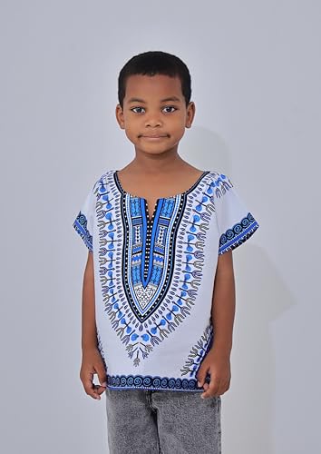 DA'IKI Dashiki Cotton Childs Shirt African Tribal Kaftan Childrens Unisex Boys Girls, 6 Years-8 Years, Dashiki - Dark Blue/White - Image 2