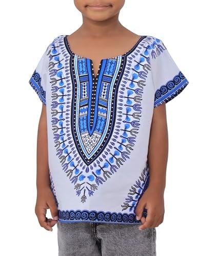 DA'IKI Dashiki Cotton Childs Shirt African Tribal Kaftan Childrens Unisex Boys Girls, 6 Years-8 Years, Dashiki - Dark Blue/White - Image 1