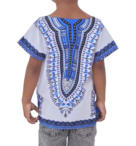 DA'IKI Dashiki Cotton Childs Shirt African Tribal Kaftan Childrens Unisex Boys Girls, 6 Years-8 Years, Dashiki - Dark Blue/White - Image 3