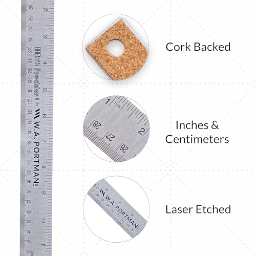 Breman Precision Metal Ruler 12 Inch Cork Back - Straight Edge 12 inch Flexible & Non-Slip Stainless Steel Metal Ruler with Cork Backing - Imperial & Metric Graduations for Precision Measuring - Image 2