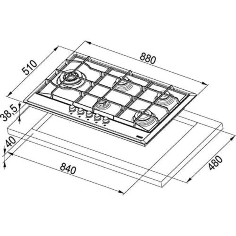 Gas cooktop 90 cm, 5 burners, lightweight mesh, triple-ring burner with automatic ignition, safety valve, side knobs, Italian-made - Image 4