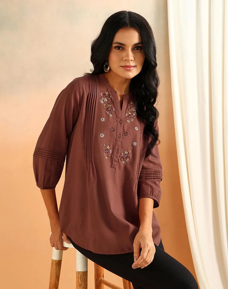 فاب انديا Pink Cotton Linen Embroidered Tunic