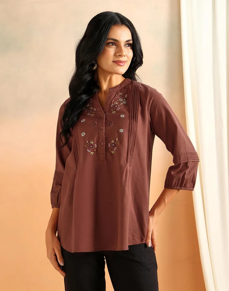 فاب انديا Pink Cotton Linen Embroidered Tunic
