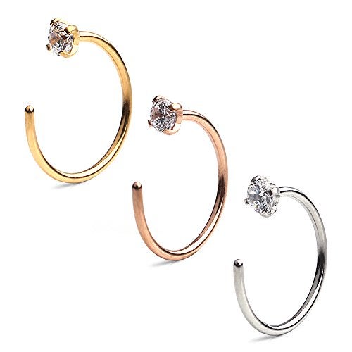 Ruifan 2.5mm Clear Diamond CZ Stainless Steel Body Jewelry Piercing Earrings Nose Hoop Ring Unisex 20 Gauge 10mm 3pcs - Mix Color - Image 1
