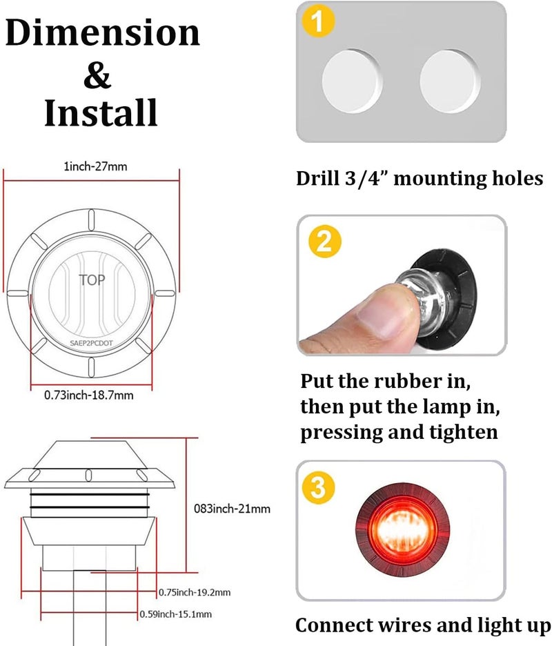 FXC 10x 3/4" Round LED Clearence Light Front Rear Side Marker Indicators Light for Truck Car Bus Trailer Van Caravan Boat, Taillight Brake Stop Lamp Redsmoked - Image 5