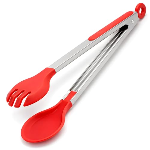 Bagonias Silicone Kitchen Tongs 12 Inch | Stainless Steel Heavy Duty Food Tong for Cooking, Serving, BBQ & Air Fryer | Heat Resistant 250°C, BPA Free, Non-Stick Safe, Locking Grip (Red) - Image 1