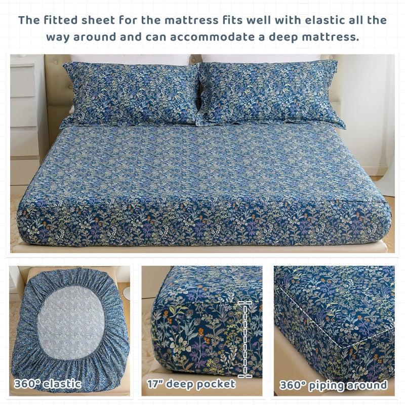 QSH 100% Cotton Sheets for Queen Size Bed - Blue Floral Plant Pattern Botanical Luxury Cotton Printed Floral Bedding Sheets Queen Soft and Breathable 4pcs Deep Pocket Queen Sheet Set - Image 4