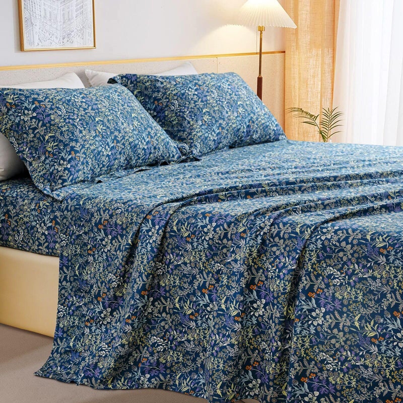 QSH 100% Cotton Sheets for Queen Size Bed - Blue Floral Plant Pattern Botanical Luxury Cotton Printed Floral Bedding Sheets Queen Soft and Breathable 4pcs Deep Pocket Queen Sheet Set - Image 2