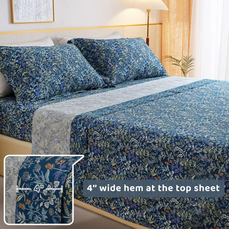 QSH 100% Cotton Sheets for Queen Size Bed - Blue Floral Plant Pattern Botanical Luxury Cotton Printed Floral Bedding Sheets Queen Soft and Breathable 4pcs Deep Pocket Queen Sheet Set - Image 5