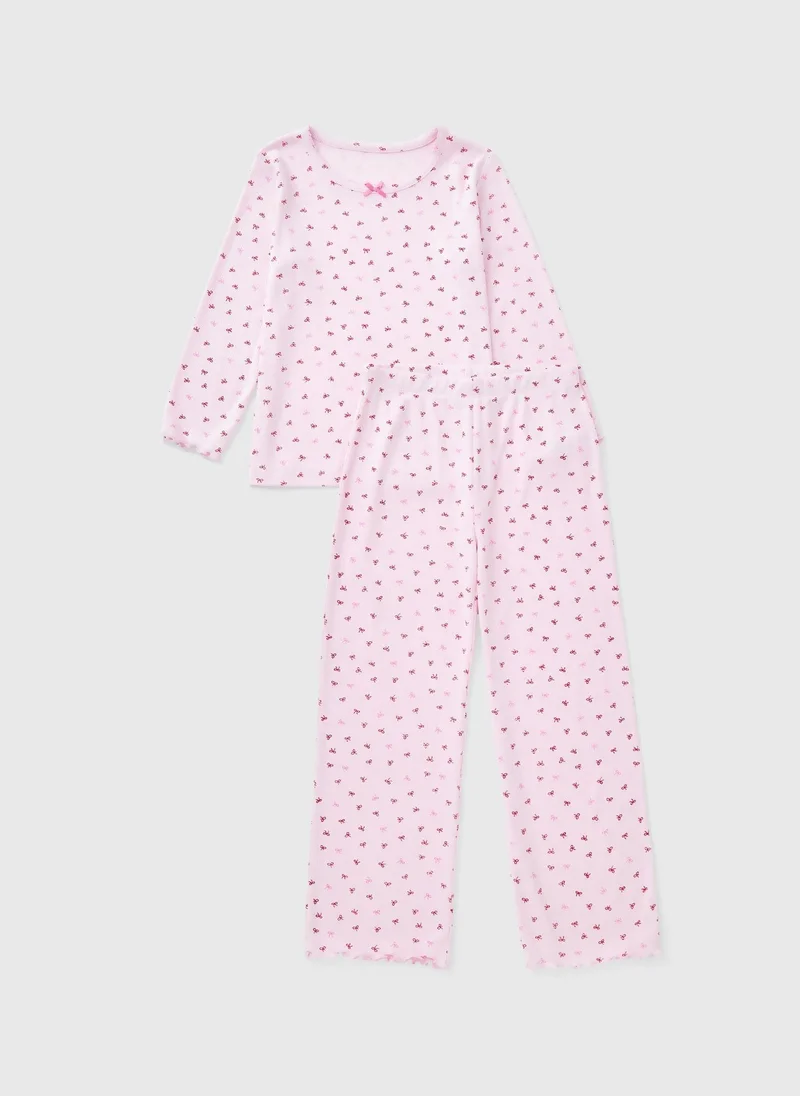 Matalan Girls Pink Bow Ribbed Pyjama Set