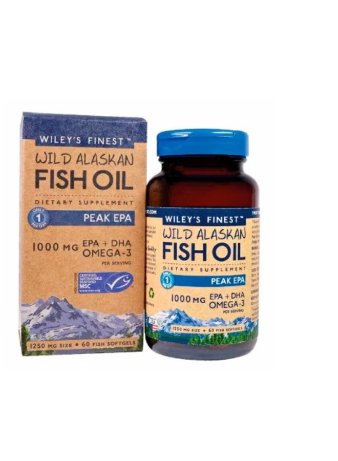 زيت سمك ألاسكا البري من وايليز فاينست، مكمل غذائي بيك إي بي إيه، 1000 ملجم EPA + DHA أوميغا-3، 60 كبسولة هلامية