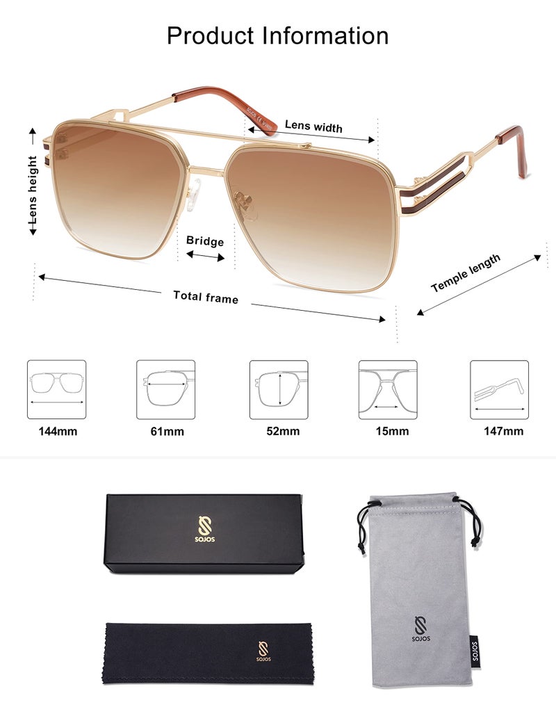 SOJOS Retro Oversized Square Sunglasses for Women Men, Vintage Large Double Bridge Metal Frame Unisex Sunglasses SJ1180, Gold Frame/Brown Grading Lens - Image 5