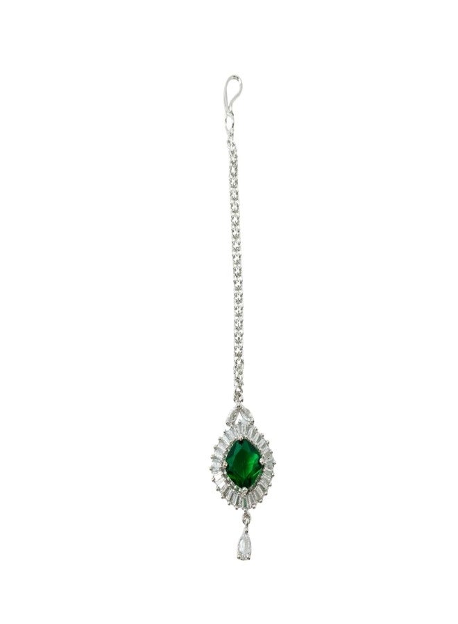 ZEELLO Green CZ Maang Tikka for Women & Girls | Traditional Bridal Hair Accessory | Ethnic Forehead Jewelry - Image 2