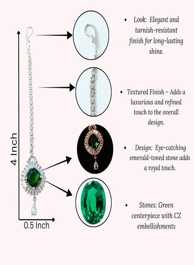 ZEELLO Green CZ Maang Tikka for Women & Girls | Traditional Bridal Hair Accessory | Ethnic Forehead Jewelry - Image 5
