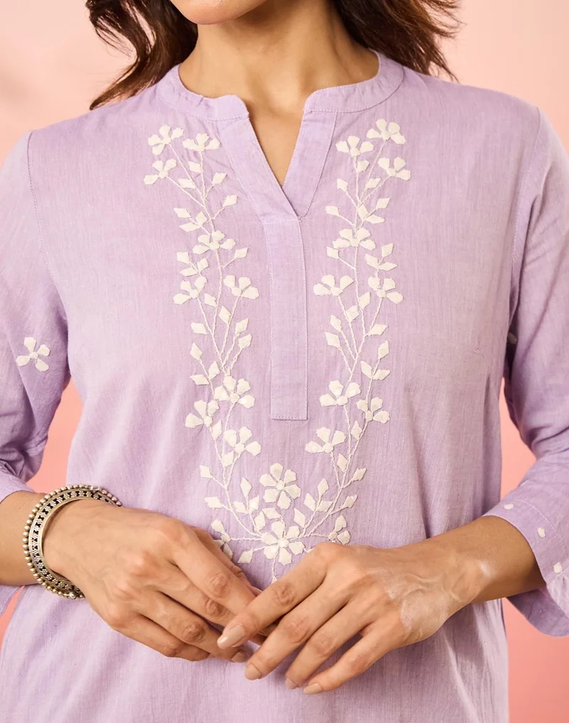 Fabindia  Lavender Cotton Embroidered Long Kurta for Women | Best Price UAE