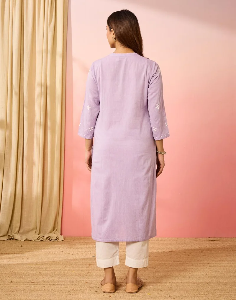 Fabindia  Lavender Cotton Embroidered Long Kurta for Women | Best Price UAE