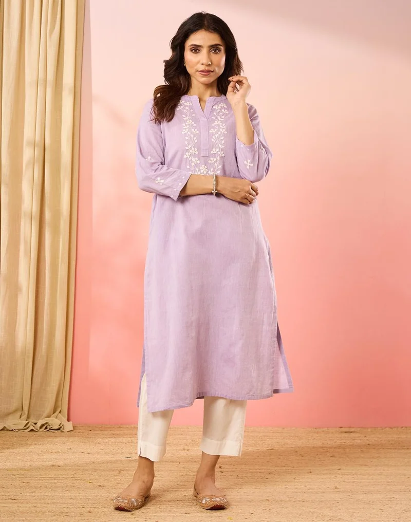 Fabindia  Lavender Cotton Embroidered Long Kurta for Women | Best Price UAE